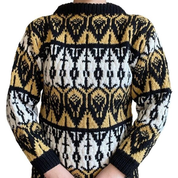 Vintage 1970s Womens Hand Knit Chunky Nordic Fair Isle Wool Geometric Sweater - Picture 5 of 6